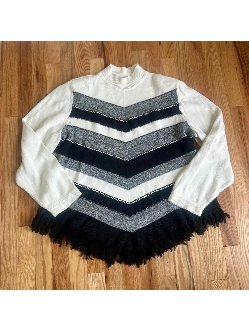 Alfred Dunner Womens 2X Chevron Stripe Fringe Hem Mock Neck Ramie Cotton Sweater